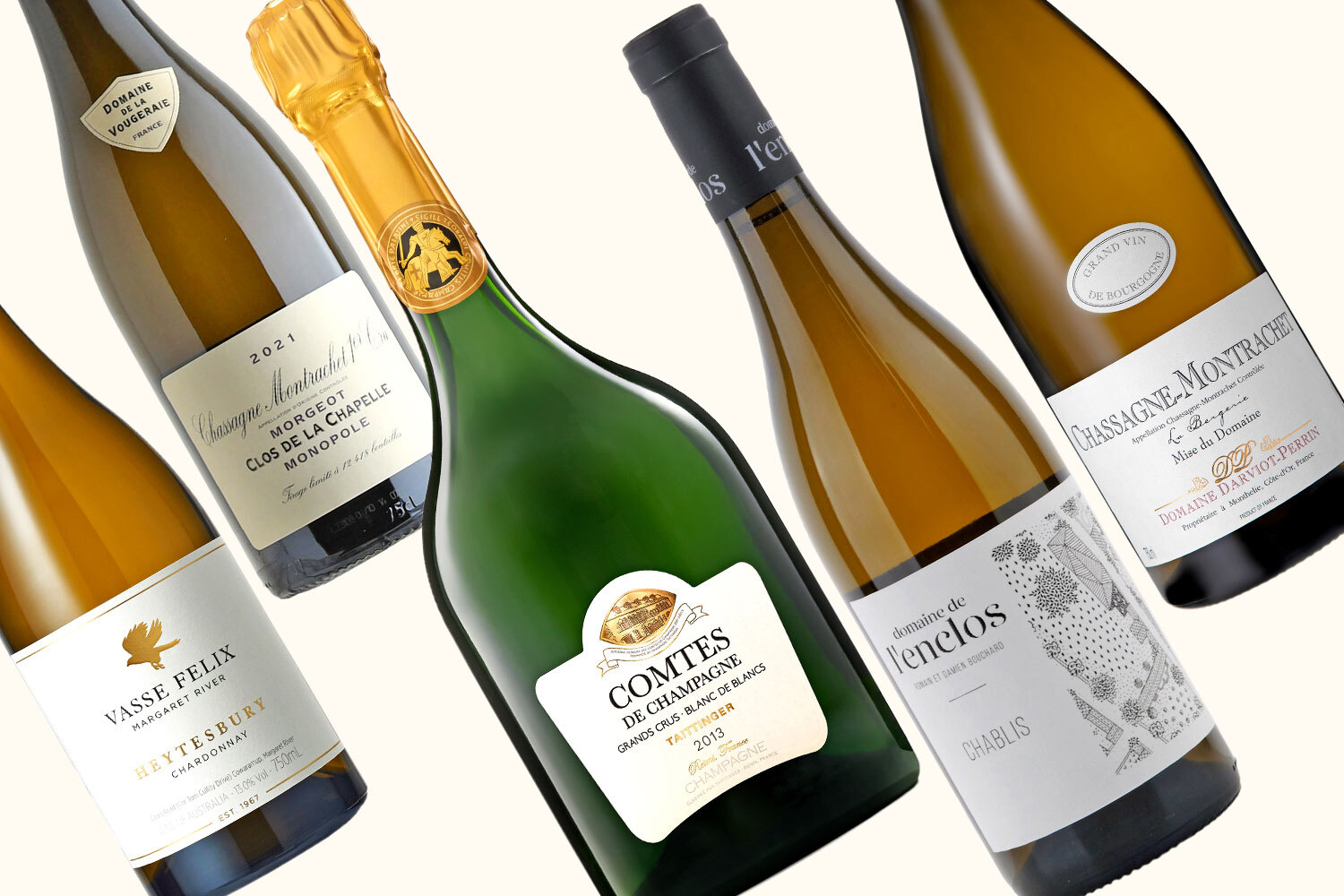 Five bottles of white wine and champagne.