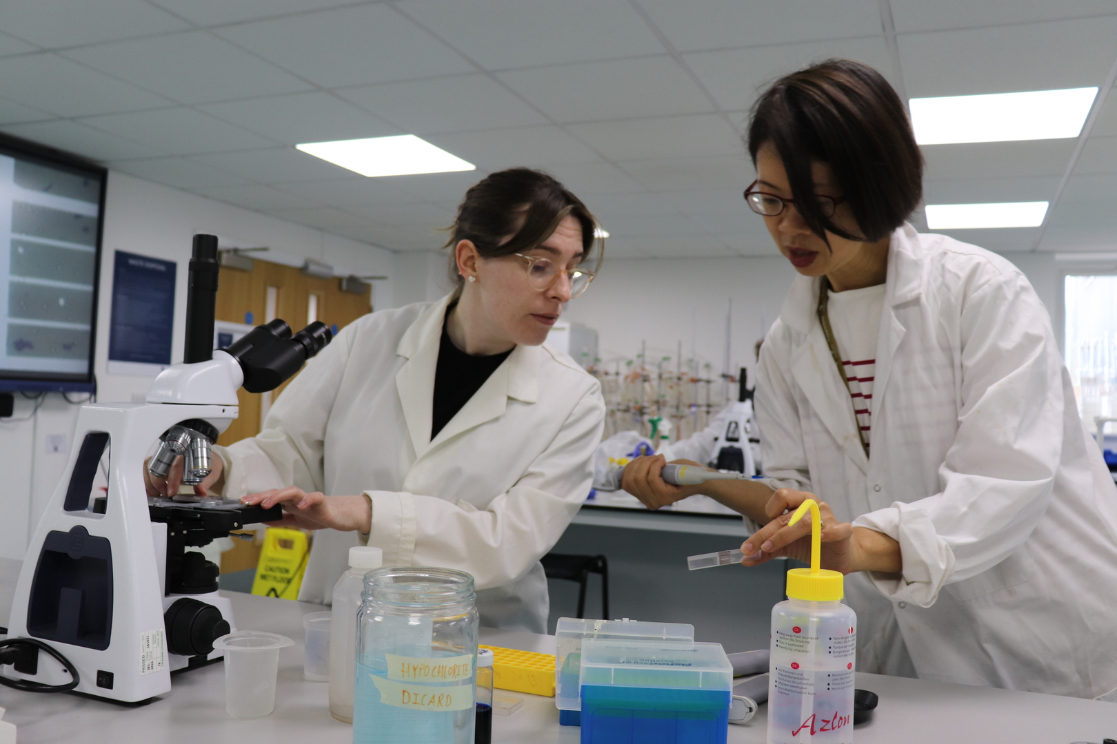 Two scientists in lab coats working in a laboratory.