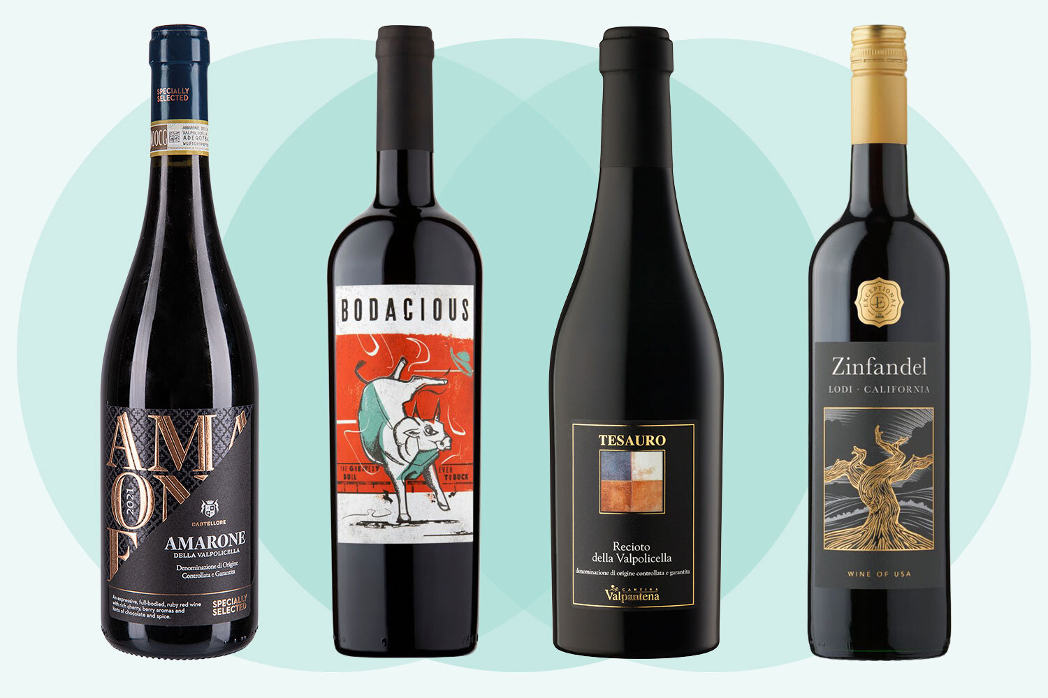 Collage of four bottles of red wine.